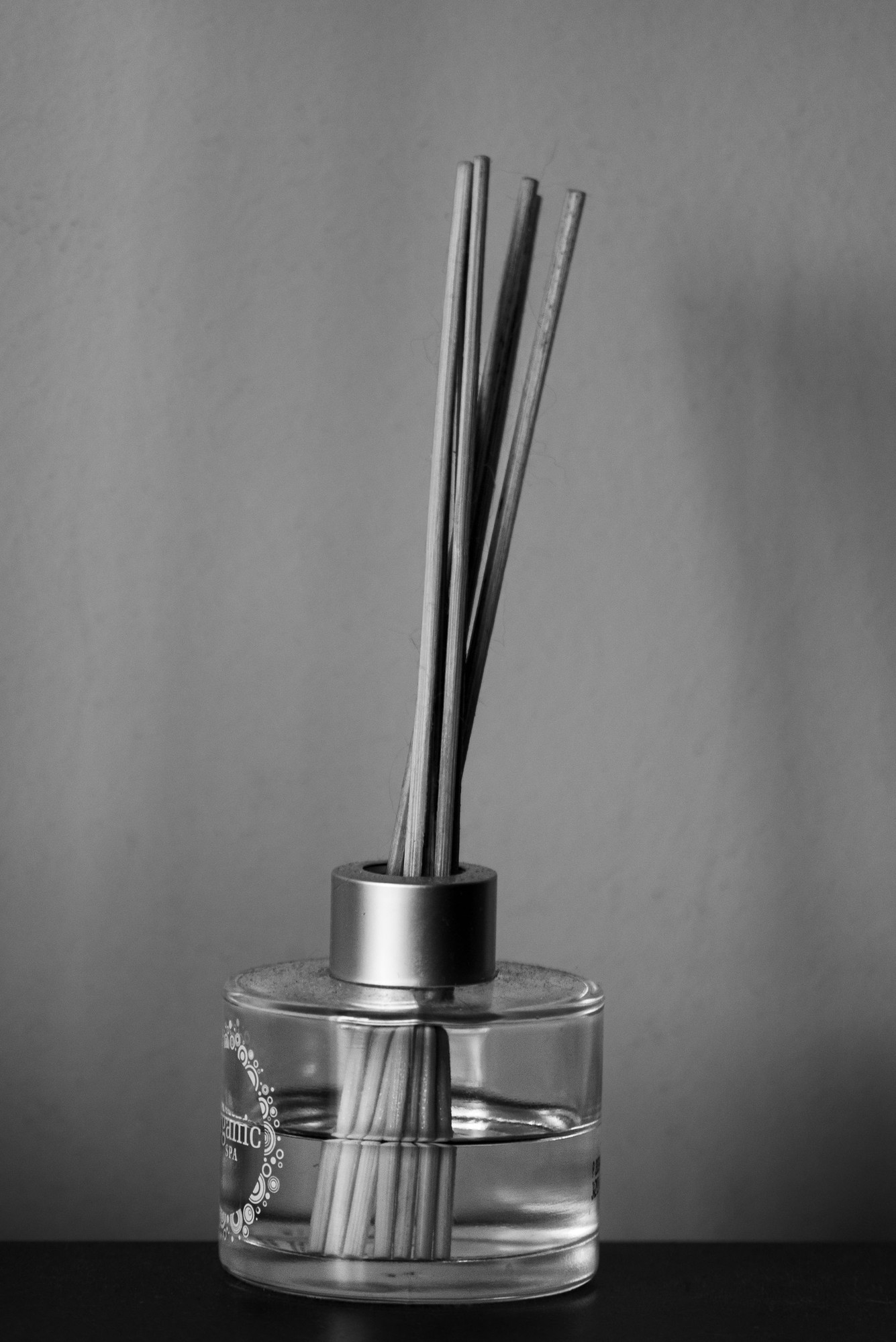 Difusor de varillas largas en frasco de vidrio, en blanco y negro
