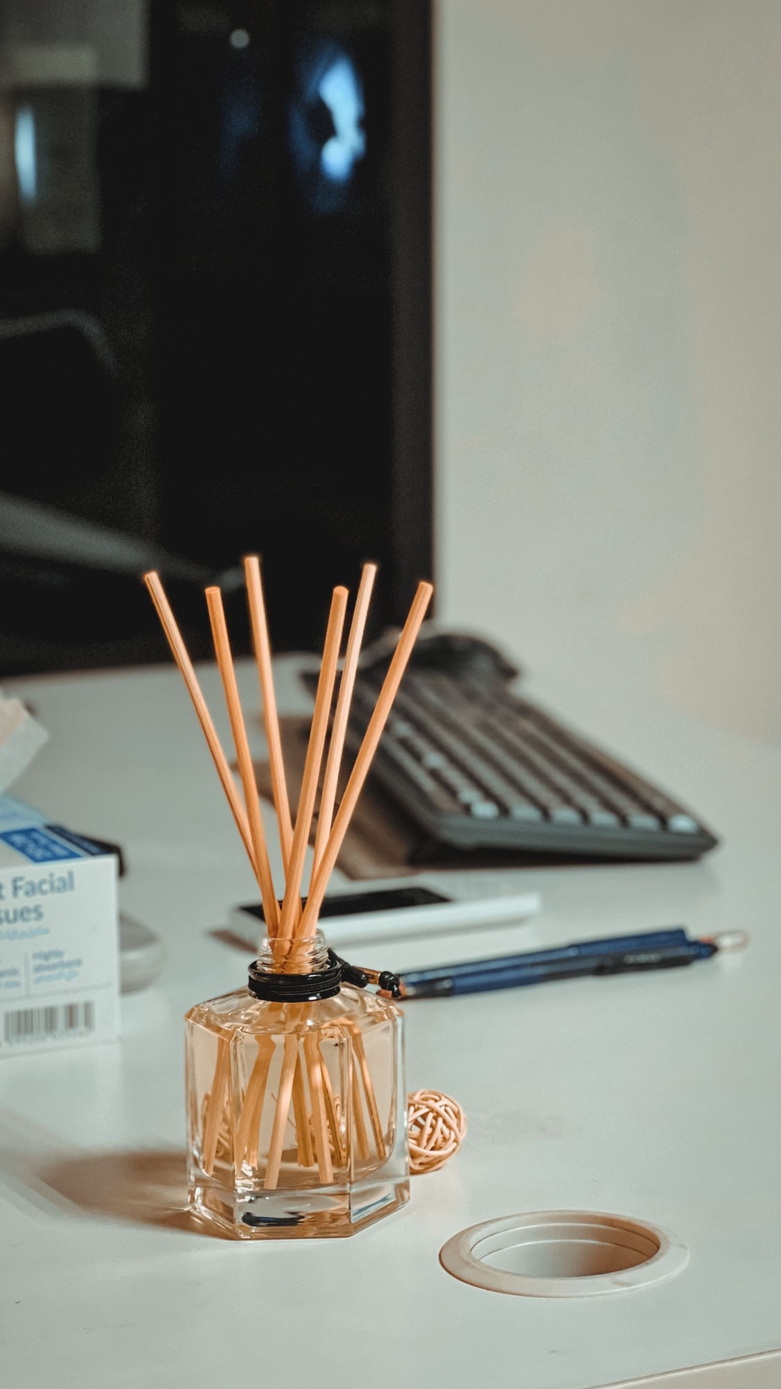 Escritorio de trabajo con un difusor de varillas junto al monitor
